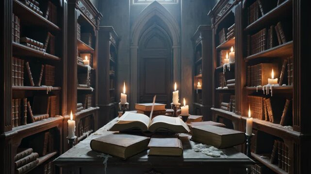 Mysterious ancient library halloween background with glowing candles