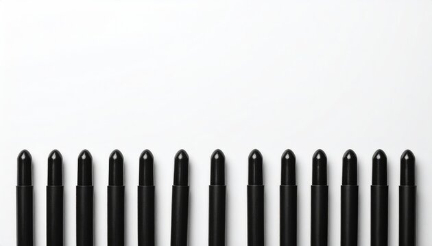 Row of black cosmetic pencils lined up on a white surface
