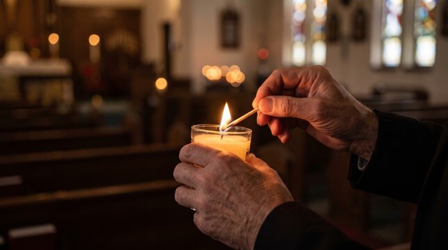 Senior man lighting a votive candle with a match inside a church interior with soft bokeh