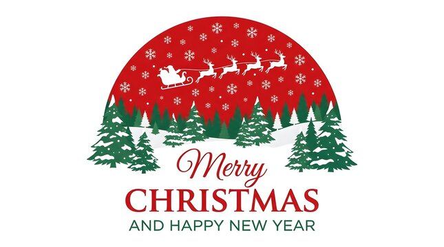 Festive christmas greeting card design featuring a silhouette of santa claus flying over snowy pine trees and red background