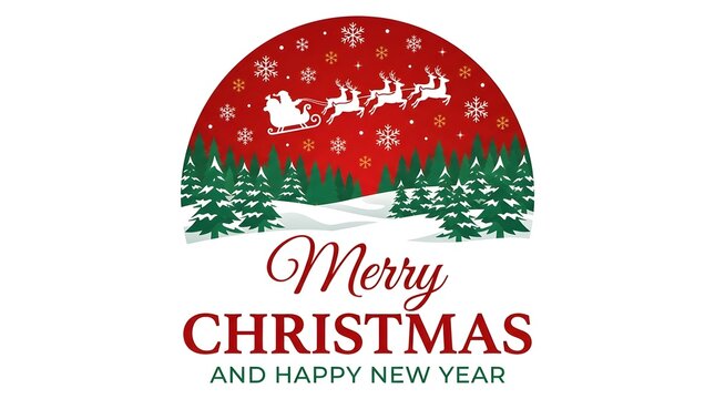 Festive merry christmas and happy new year greeting card design featuring santa claus flying in his sleigh over snowy pine trees