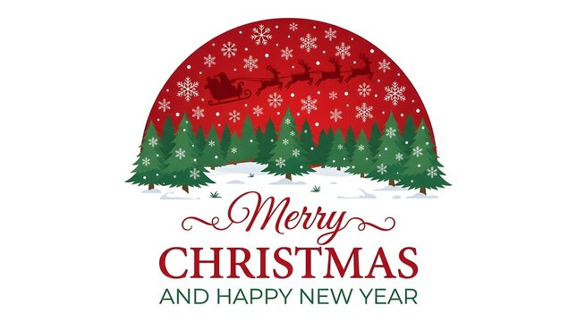 A festive merry christmas and happy new year greeting card design featuring a stylized red dome with evergreen trees