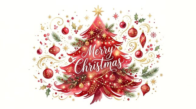Beautiful watercolor illustration of a decorated red christmas tree with the festive greeting merry christmas on white background