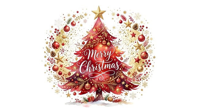 Beautiful watercolor illustration of a decorated christmas tree with festive ornaments and elegant merry christmas typography on white background