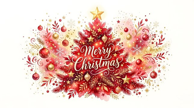 Beautiful artistic watercolor illustration of a decorated christmas tree with festive ornaments and elegant merry christmas holiday text