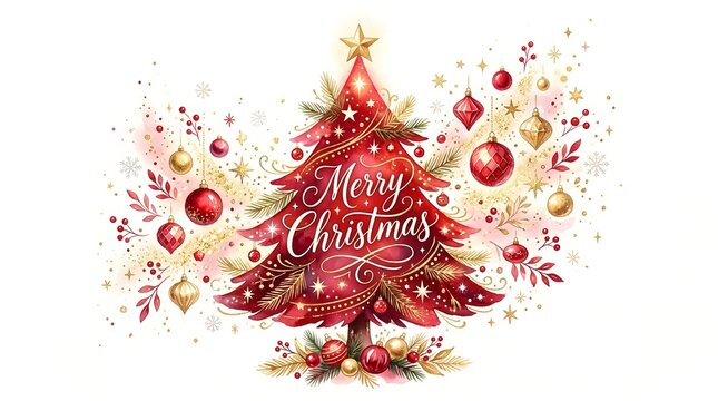 Beautiful watercolor illustration of a decorated christmas tree with festive ornaments and elegant merry christmas holiday season lettering