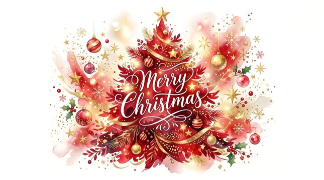 Beautiful watercolor christmas tree illustration with festive ornaments and elegant merry christmas lettering on a white background