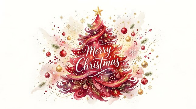 Beautiful artistic watercolor illustration of a red christmas tree with elegant calligraphy text for holiday greeting card design