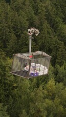 Metalowy kosz transportowy kolei linowej przewożący ładunek towarowy nad gęstym, zielonym lasem iglastym. Konstrukcja unosi się wysoko w powietrzu na stalowej linie. © tomo81