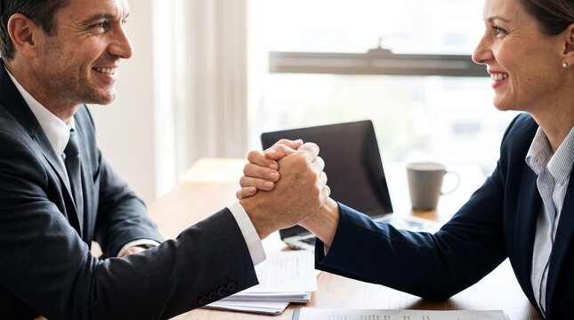 Businessman and businesswoman shake hands firmly across an office desk to finalize a successful partnership agreement.