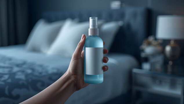 Generative AI depicts a hand holding a blue spray bottle on a bedroom nightstand