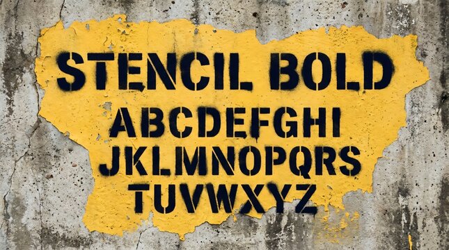 Stencil bold alphabet on weathered concrete wall, industrial black spray paint letters on yellow background, urban military typography