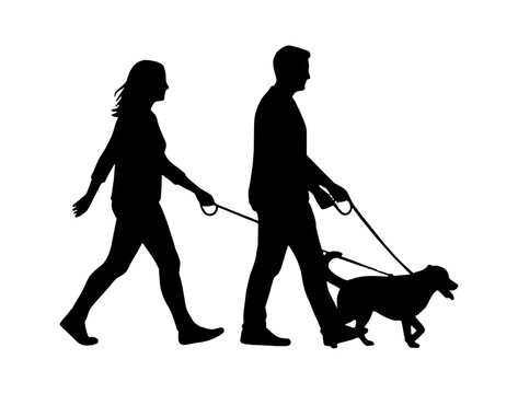 Silhouette of a man and a woman walking their dog on a leash isolated on transparent background, Vector