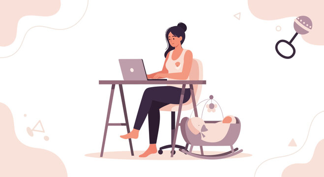 Mother Working From Home with Baby Nearby - Vector Illustration of Work-Life Balance