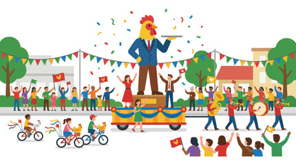 Fototapeta premium Festive parade celebrating chicken boy day with statues and music