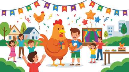 Fototapeta premium Chicken boy day celebration featuring mascot and happy kids