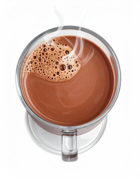 A steaming mug of rich chocolate beverage, viewed from above