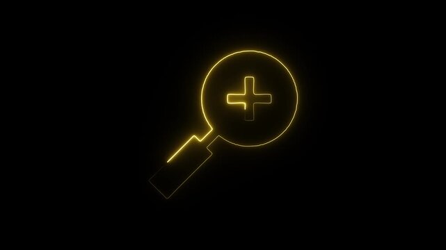 Yellow glowing magnifying glass plus symbol graphic an neon graphic showing a icon with a sign for zoom
