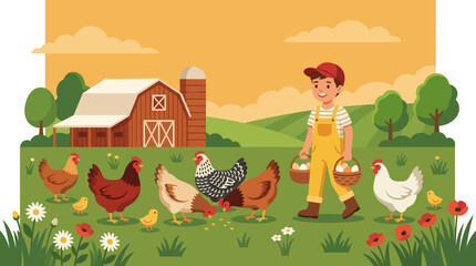 Fototapeta premium Chicken boy day celebrated by a young farmer gathering fresh eggs