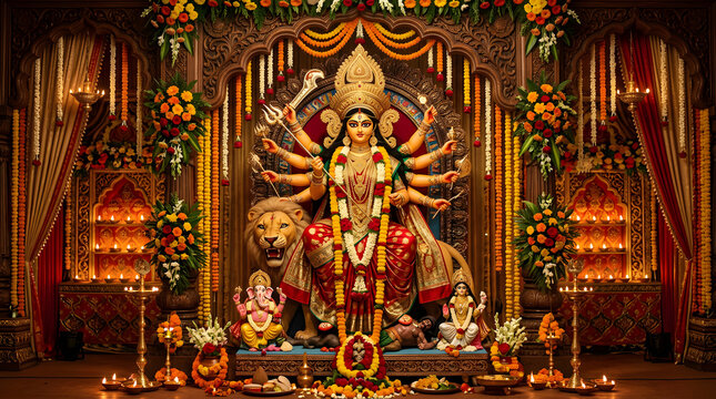 Golden Goddess Durga idol in ornate temple setting.