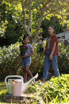 African American mother and teen daughter carrying flower pots across sunny yard near watering cans