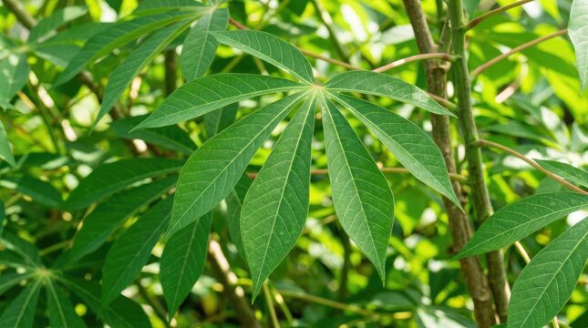 Close up of vibrant green cassava leaves in sunlight.
