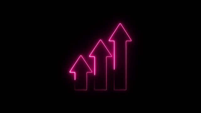 Pink neon rising arrows financial growth bar chart three glowing arranged in a graph formation against a solid