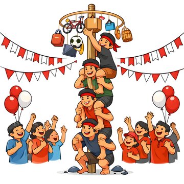 Happy Indonesian Independence Day celebration with a traditional panjat pinang competition as participants work together to reach hanging prizes