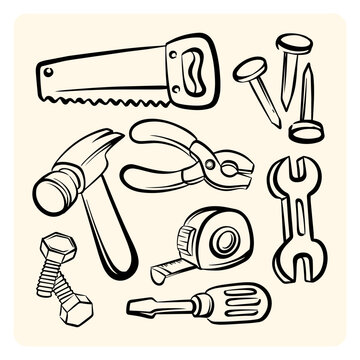 Handyman Construction Tools Doodles Set, DIY Repair Equipment Clipart
