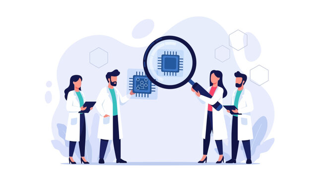 Scientists examine microchip with magnifying glass, illustrating technology, research, and innovation