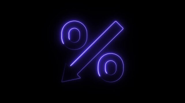 Blue neon glowing percent sign with downward trend arrow a luminous featuring a arrow, representing negative