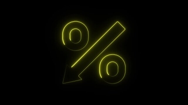 Yellow neon glowing percent sign with downward trend arrow a bright paired with a arrow, indicating decrease