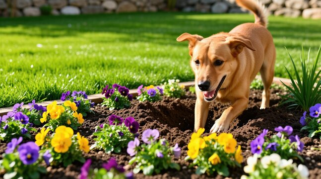 Happy brown dog digs hole in flower garden bed at sunny backyard. Playful canine pushes paws into dark earth among vibrant yellow purple blossoms, green grass lawn. Cute puppy enjoys active outdoor