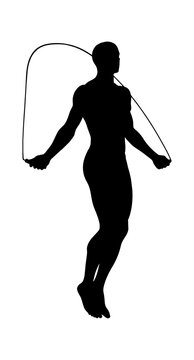 Black silhouette of an athletic man jumping rope for a fitness workout isolated on transparent background, Vector