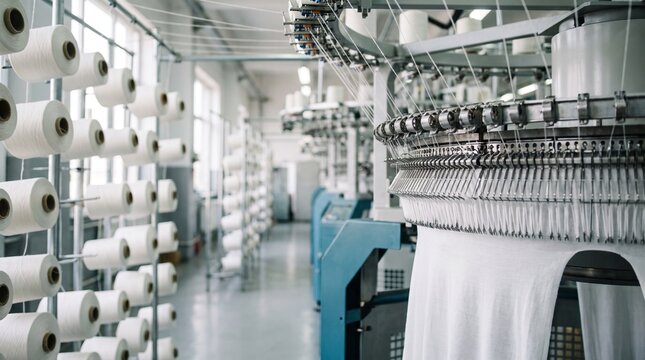 Industrial textile knitting machine working with white cotton yarn rolls in a busy clothing factory