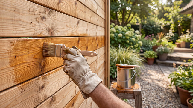 Hand in glove applying protective varnish or stain with brush to wooden fence boards outdoors in sunny backyard.