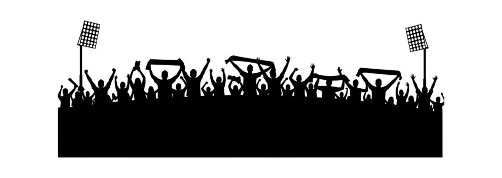 Black silhouette of a cheering crowd with racing flags at a sports event isolated on transparent background, Vector