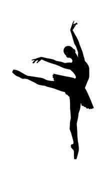 Black silhouette of a graceful ballerina dancing in a classic ballet pose isolated on transparent background, Vector