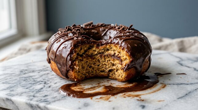 Chocolate glazed donut with bite taken out, gourmet dark cocoa doughnut on marble board, indulgent sweet pastry dessert with melted chocolate drizzle