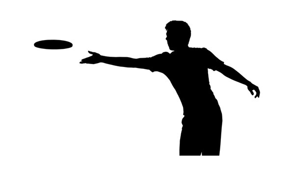 Black silhouette of a young man throwing a flying disc frisbee outdoors isolated on transparent background, Vector