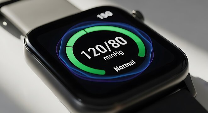 Close-up of a modern smartwatch screen showing a blood pressure reading of 12080 mmHg, indicating a normal level.