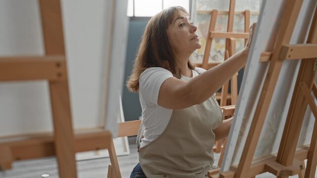 Woman painter smiling holding paintbrush with right hand painting canvas on easel in studio with window light; creative serenity.