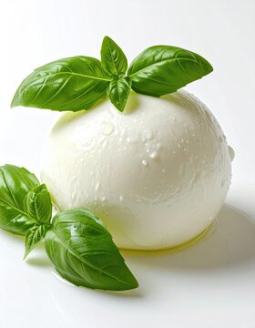 Fresh white cheese ball adorned with vibrant green basil leaves (1)