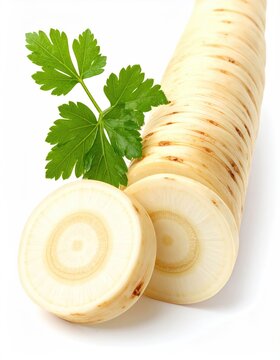 Creamy root vegetable sliced, showing concentric rings, with green leaves