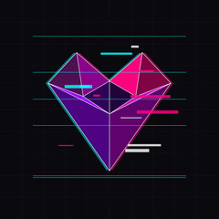 Naklejka premium Neon Polygonal Heart with Digital Glitch Effect on Dark Grid Background, Symbolizing Cyber Love and Futuristic Technology