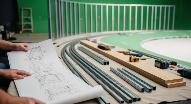 Behindthescenes look at the creation of a curved greenscreen cyc wall frame focusing on blueprint reading and material preparation.