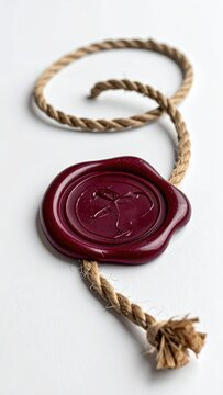Maroon wax seal with braided rope attached on white surface