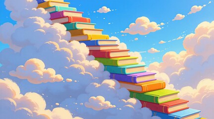 Fototapeta premium Staircase made of stacked colorful books rises into bright blue sky with fluffy white clouds. Conceptual art shows path toward success through reading, learning. Creative illustration growth