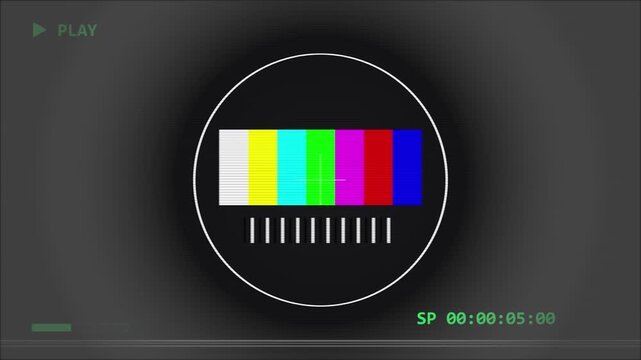 Old damaged VCR Vintage VHS test pattern screen with play indicator