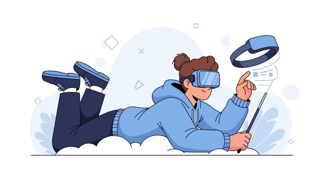 Young person in VR headset interacting with digital interface, futuristic technology, virtual reality concept